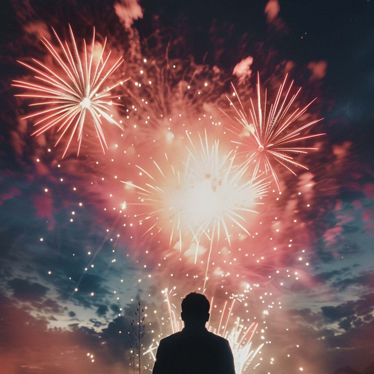 Solo firework above a lake at dusk