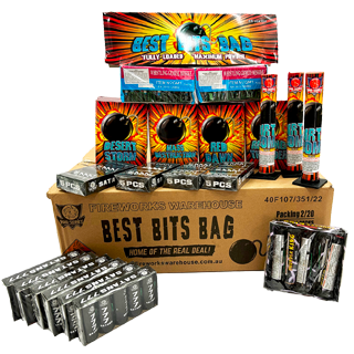 Assorted fireworks packaging and display
